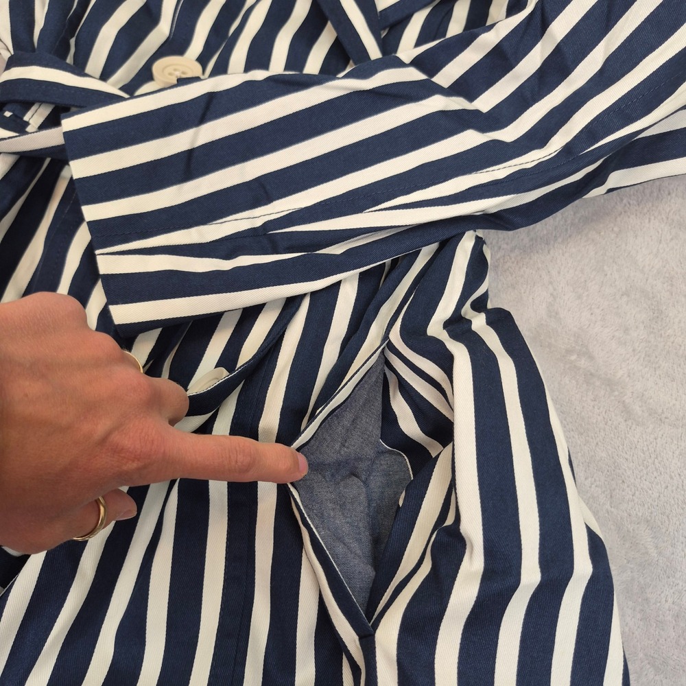 Express Womens Navy Blue White Striped Double Breasted Trench Coat Belted Large - Picture 11 of 11